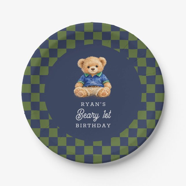Teddy Beary 1st Birthday Checkboard Retro Paper Plate (Front)
