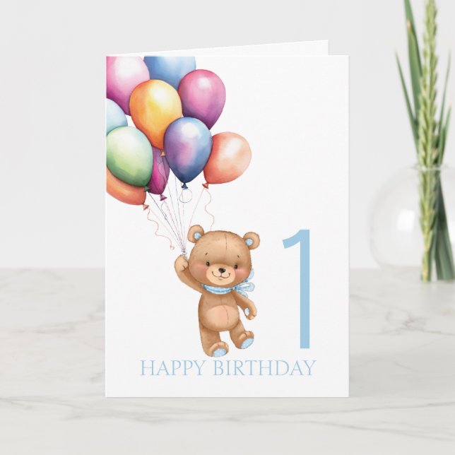 Teddy Blue 1st Birthday Balloons Card (Front)