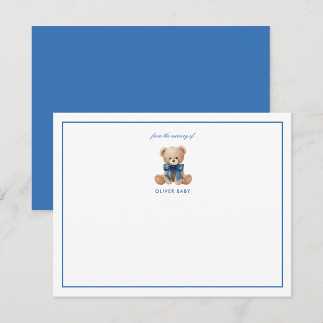 Teddy  Blue bow bear Sweet Baby Shower note card (Front/Back)