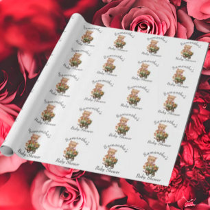 Teddy Boy Foral Baby Shower Rustic  Wrapping Paper