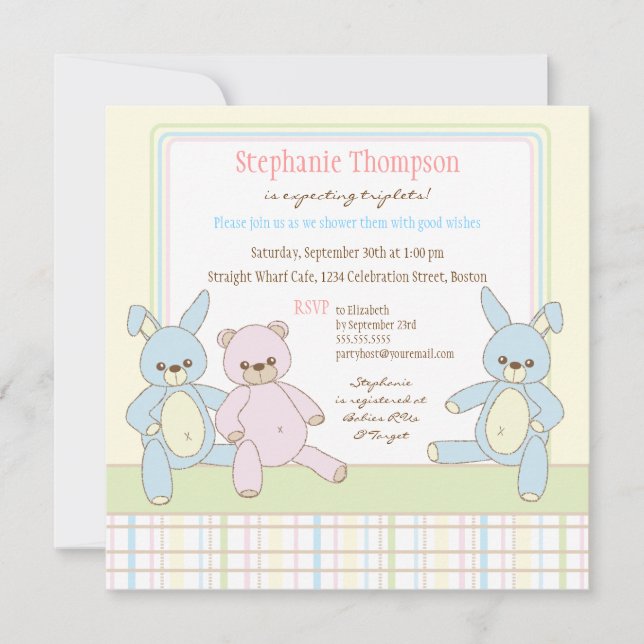 Teddy & Bunny Triplets Baby Shower Invitation (Front)