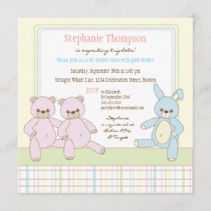Teddy & Bunny Triplets Baby Shower Invitation