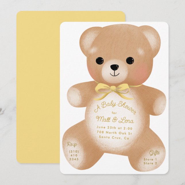 Teddy Butter Yellow Bow Baby Shower Invitation (Front/Back)