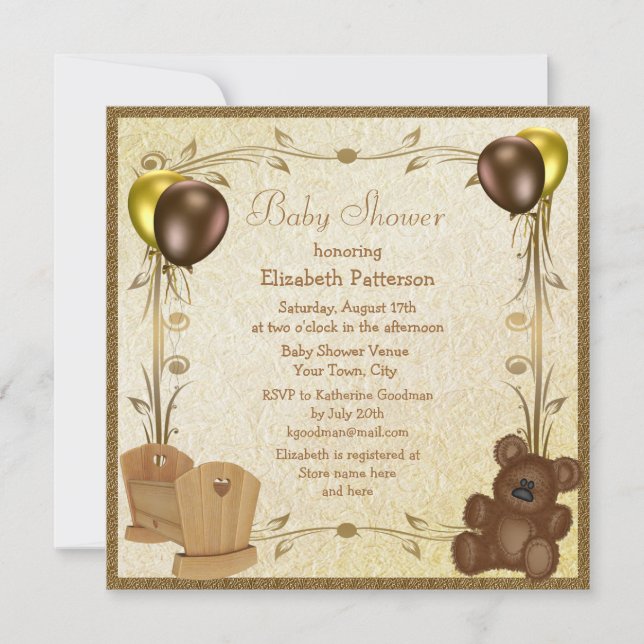 Teddy & Crib Vintage Brown & Gold Baby Shower Invitation (Front)