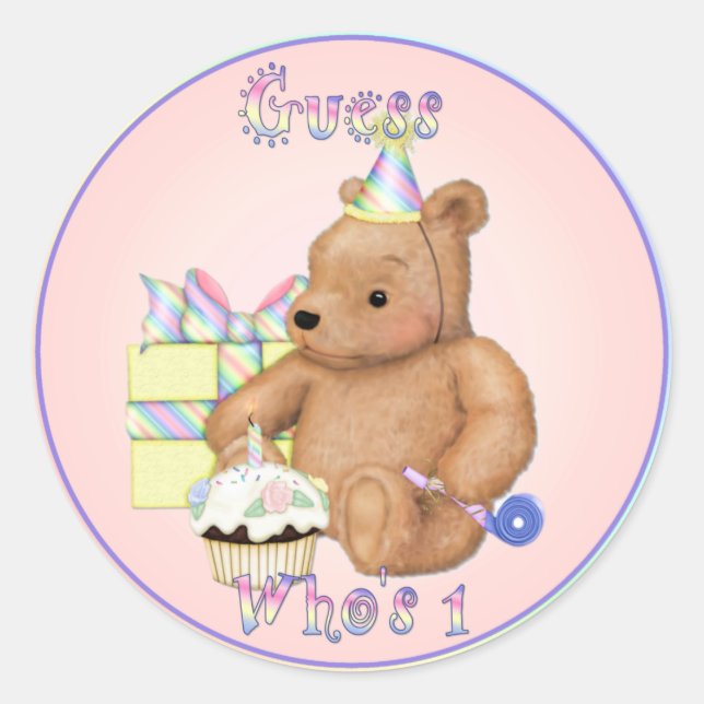 Teddy Cupcake First Birthday Classic Round Sticker (Front)