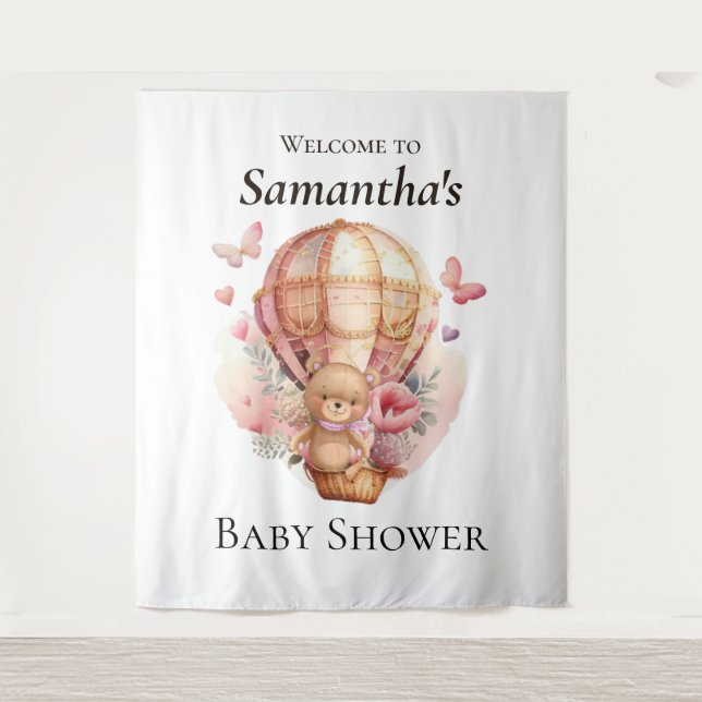 Teddy Foral Girl  Balloon Baby Shower backdrop Tapestry (Front)