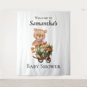 Teddy Foral Girl  Rustic Baby Shower backdrop Tapestry