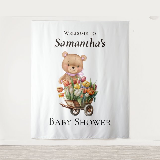 Teddy Foral Girl  Rustic Baby Shower backdrop Tapestry (Front)