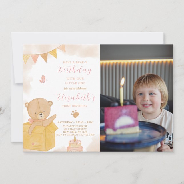 Teddy in Box Birthday Invitation With Photo (Front)