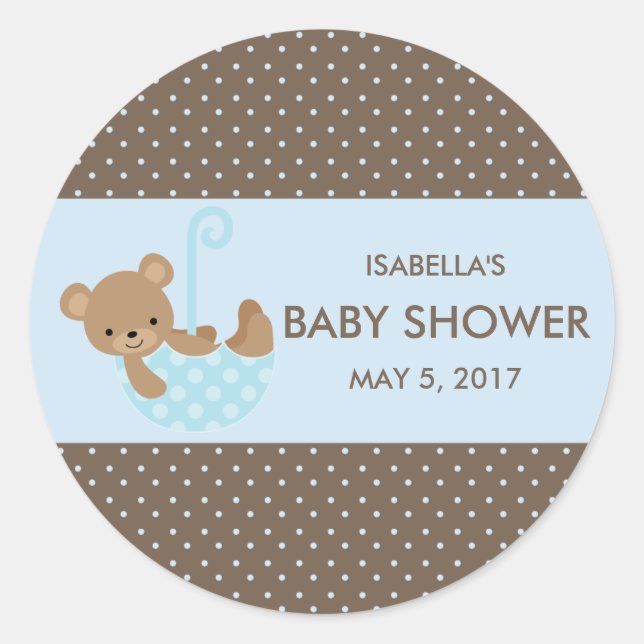 Teddy In Umbrella (Blue) Favour Bag Stickers (Front)