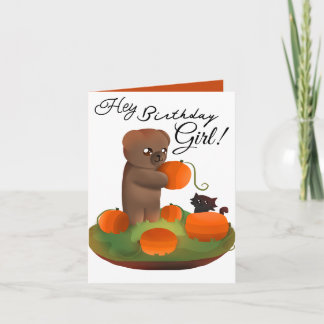 Teddy & Kitty in a Pumpkin Patch Birthday Card
