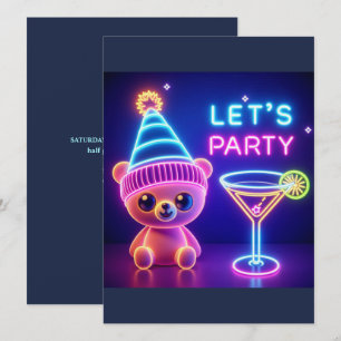 Teddy Party Time Neon Pink Invitation