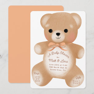 Teddy Peach Bow Baby Shower Invitation