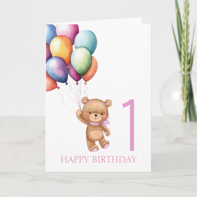 Teddy Pink 1st Birthday Balloons Card (Front)