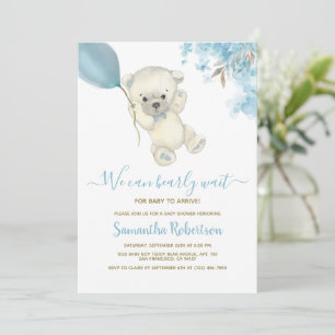 Teddy Polar Bear Blue Balloon Boy Baby Shower Invitation