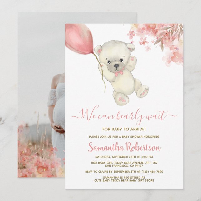 Teddy Polar Bear Pink Balloon Girl Baby Shower Invitation (Front/Back)