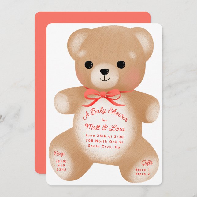 Teddy Red Bow Baby Shower Invitation (Front/Back)