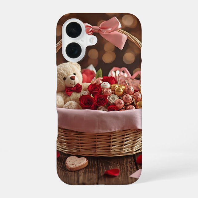 Teddy Rose Basket Romantic Valentine Aesthetic iPhone 16 Case (Back)