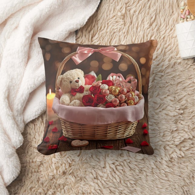Teddy Rose Basket Romantic Valentine Decorative Cushion (Blanket)