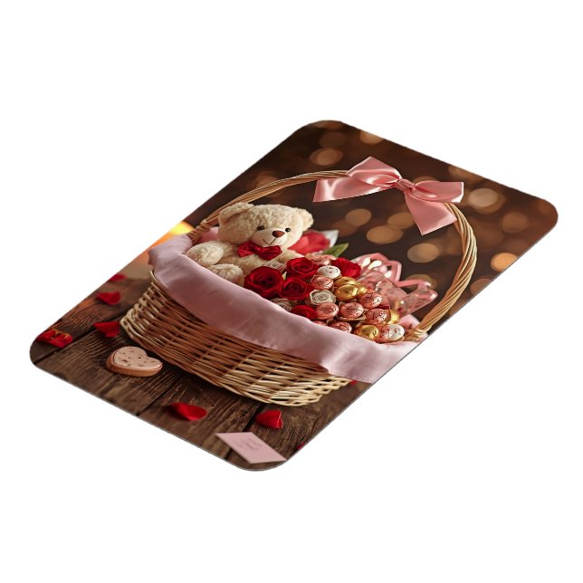 Teddy Rose Basket Romantic Valentine Heart Fridge Magnet (Left Side)