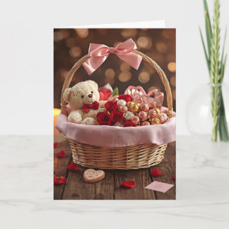 Teddy Rose Basket Romantic Valentine Love Greeting Card