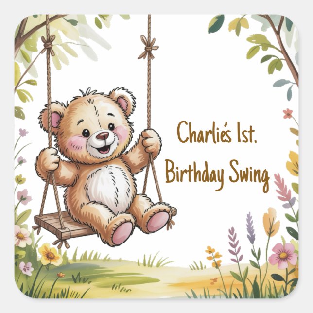 Teddy’s First Birthday Swing Party Square Sticker (Front)