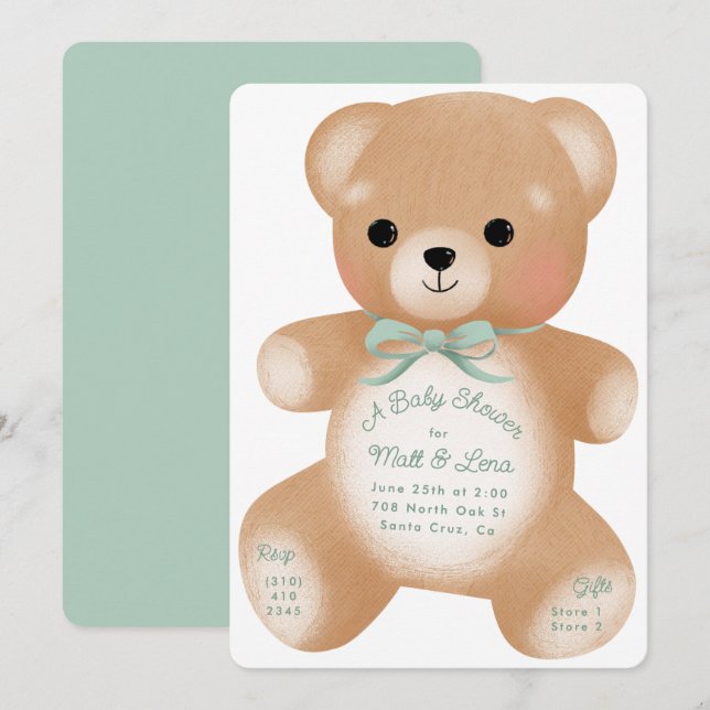 Teddy Sage Green Bow Baby Shower Invitation (Front/Back)