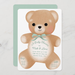 Teddy Sage Green Bow Baby Shower Invitation