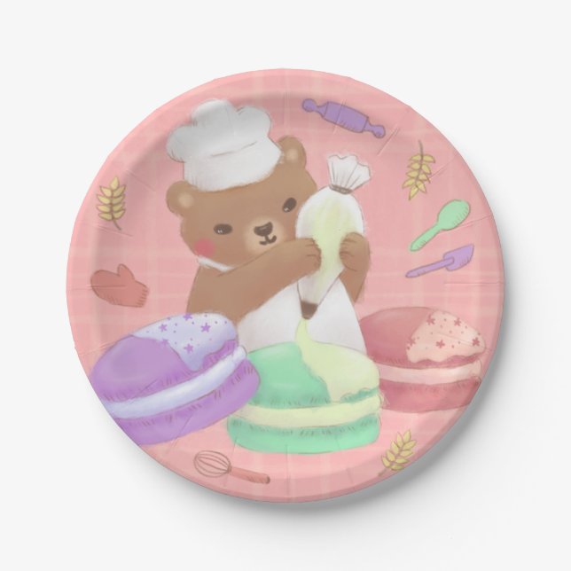 Teddy the Baker with Macarons Paper Plate (Front)