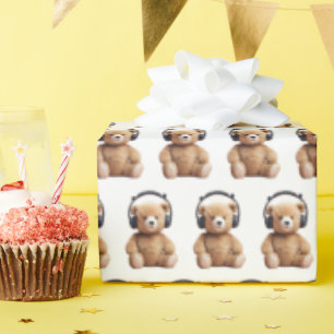 Teddy Wearing Headphones Wrapping Paper