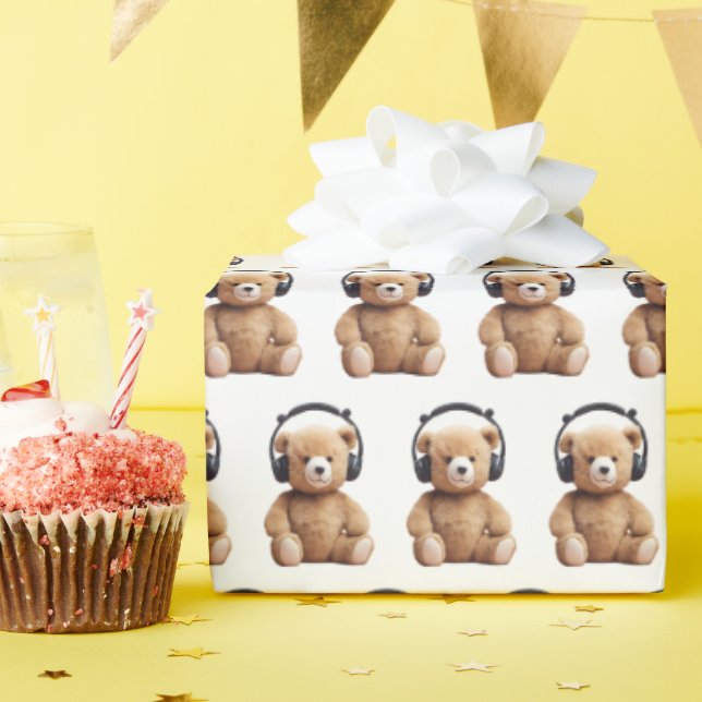 Teddy Wearing Headphones Wrapping Paper (Birthday Party)