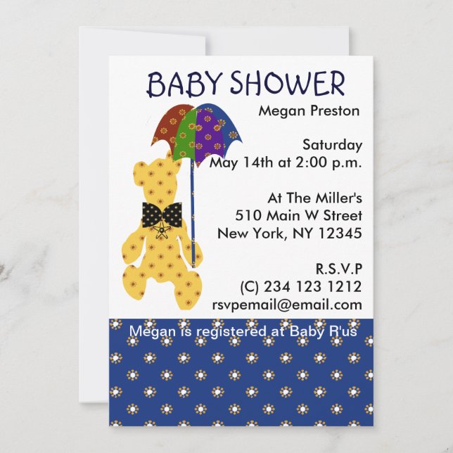 Teddy with Umbrella Baby Shower Invitation (Front)