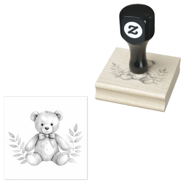 teddybear and leaves rubber stamp  (Stamped)