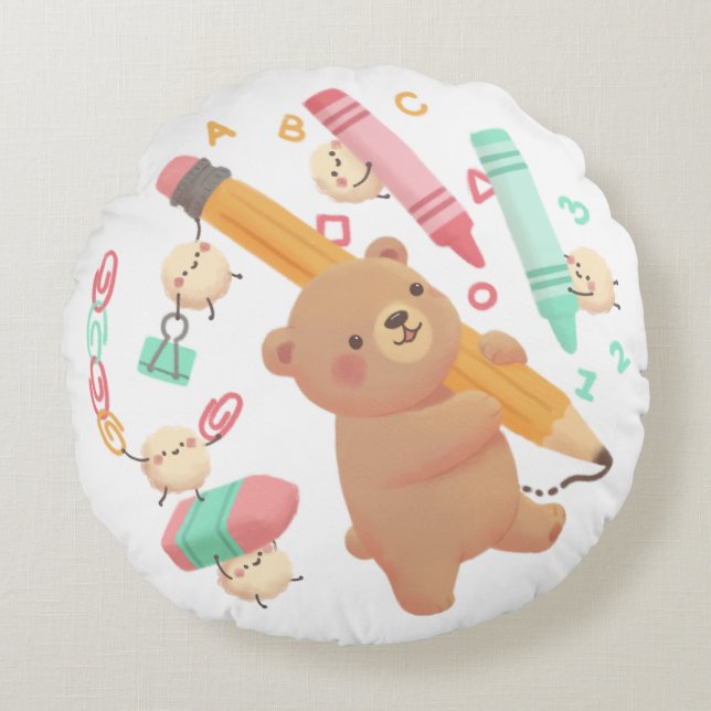 Teddy's Back to School Illustration Round Cushion (Front)