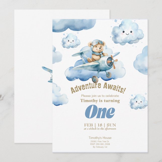 Teddy's Sky-High First Birthday Adventure  Invitation (Front/Back)