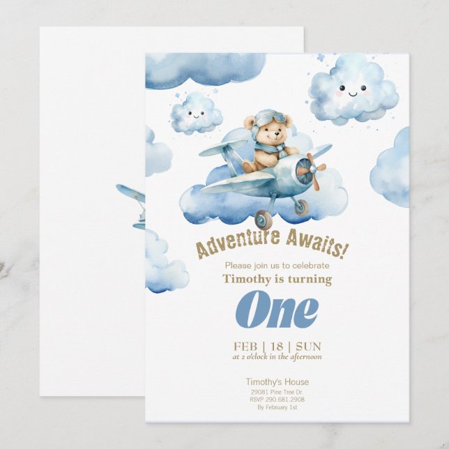 Teddy's Sky-High First Birthday Adventure  Invitation (Front/Back)
