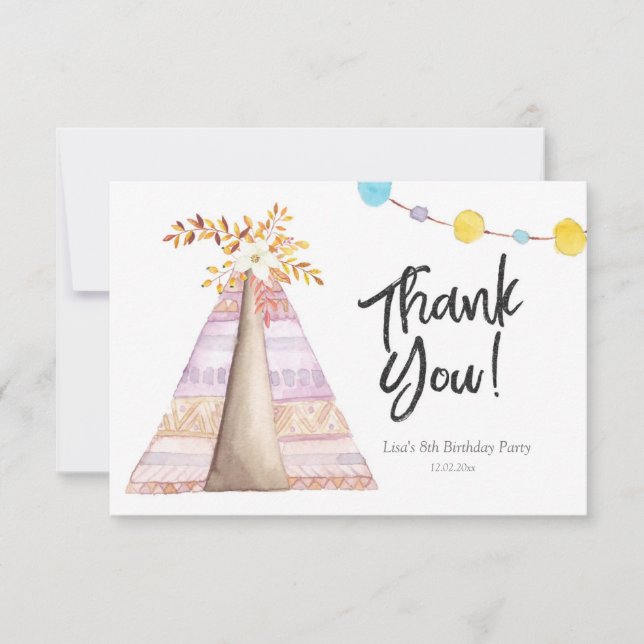 Tee Pee Sleepover Girl Birthday Thank You card (Front)