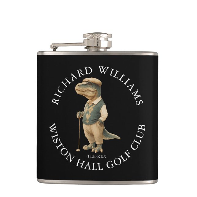 Tee-Rex Dinosaur Custom Golfer Name And Club Hip Flask (Front)