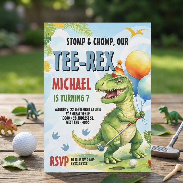 Tee-Rex Golf Dinosaur Mini Golf Birthday Party Invitation (Swing into action with this adorable "Tee-Rex" golf birthday party invitation! )