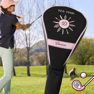 Tee Time Clock Black Pink Name Monogram Golf Head Cover
