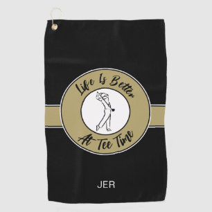 Tee Time Golfer Humour Sports Monogram Black Gold Golf Towel