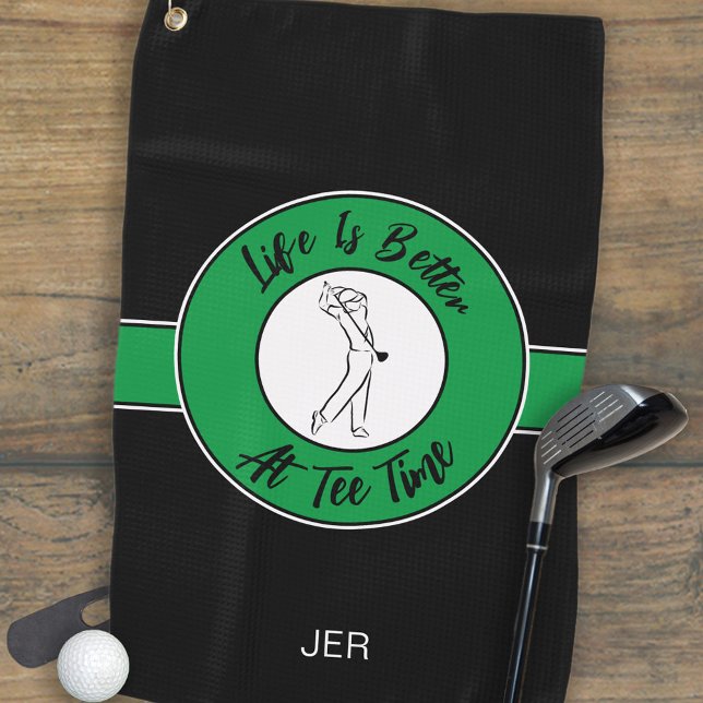 Tee Time Golfer Humour Sports Monogram Black Green Golf Towel (Tee Time Golfer Humor Sports Monogram Black Green Golf Towel)