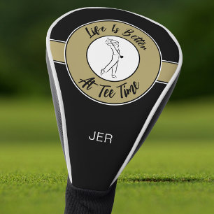Tee Time Golfer Sports Humour Monogram Black Gold  Golf Head Cover
