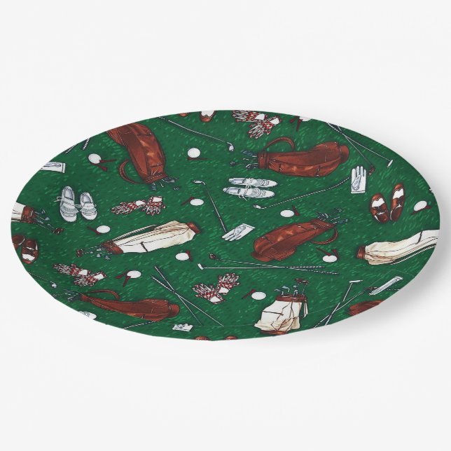 Tee Time Green Golf Pattern Paper Plates (Angled)
