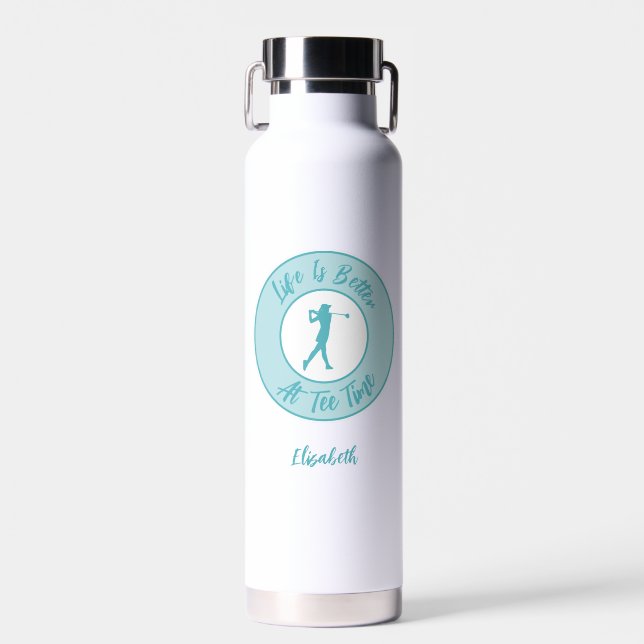 Tee Time Life Funny Personalised Name Teal Water Bottle (Front)