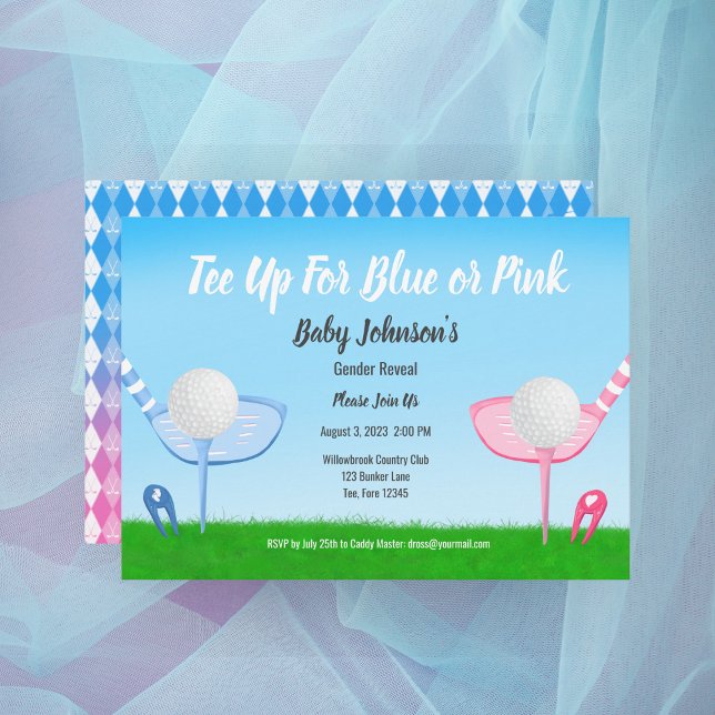 Tee Up Blue or Pink Golf Gender Reveal Baby Shower Invitation (Creator Uploaded)