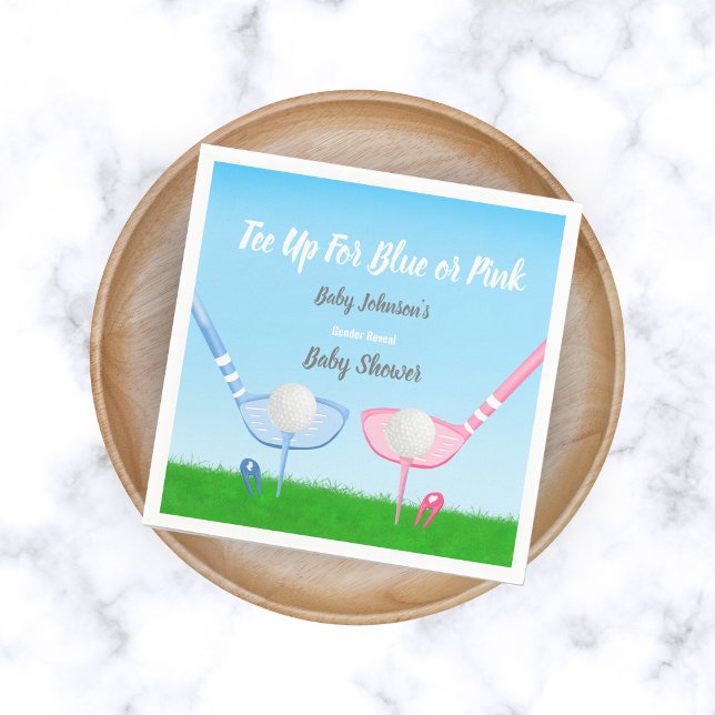 Tee Up Blue or Pink Golf Gender Reveal Baby Shower Napkin (Creator Uploaded)