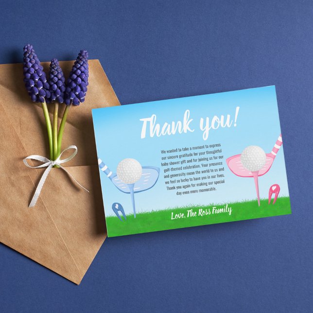 Tee Up Blue or Pink Golf Gender Reveal Baby Shower Thank You Card (Creator Uploaded)