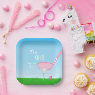 Tee Up Pink Golf Gender Reveal Baby It's A Girl Paper Plate