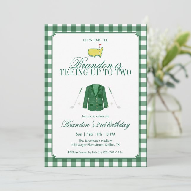 Teeing Up To Two Golf 2nd Birthday Green Gingham Invitation (Standing Front)